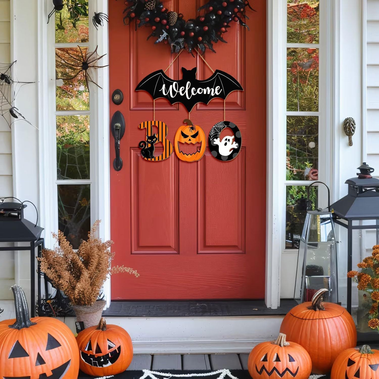 Wooden Halloween BOO Door Sign Decoration Ghost Bat Welcome Wooden Ghost Door Plaque
