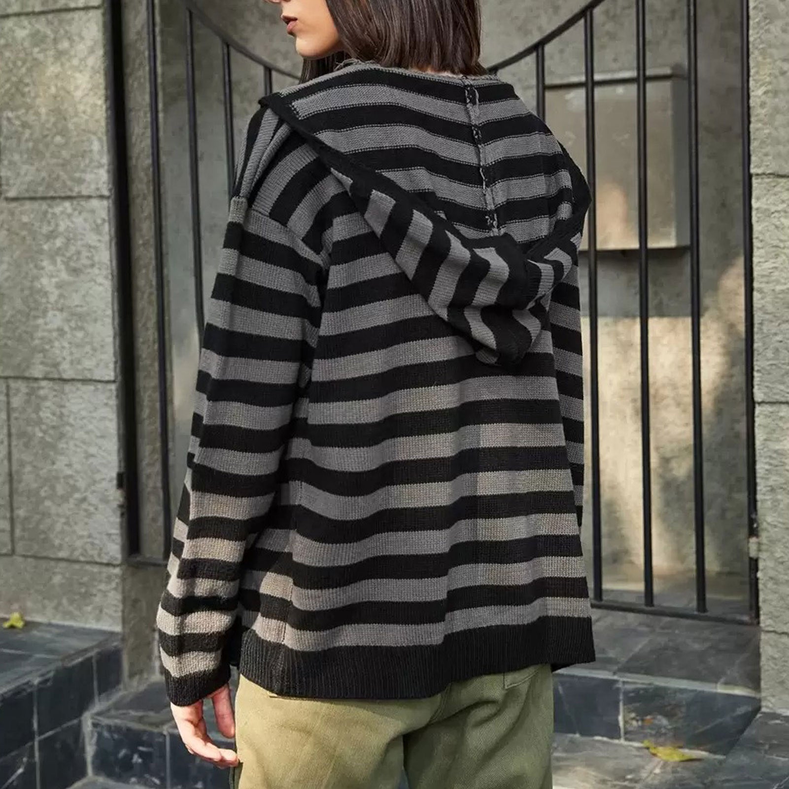 Striped Hooded Knit Cardigan for Women, Autumn/Winter, Loose Casual Zip-Up Sweater Jacket, Lazy Style Top