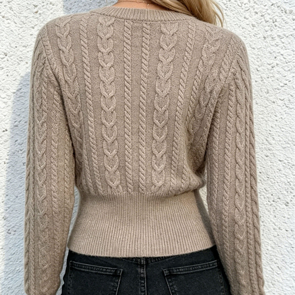 Cable Knit Cardigan for Women, Short Length, Round Neck, Loose Fit, Solid Color Casual Sweater Coat