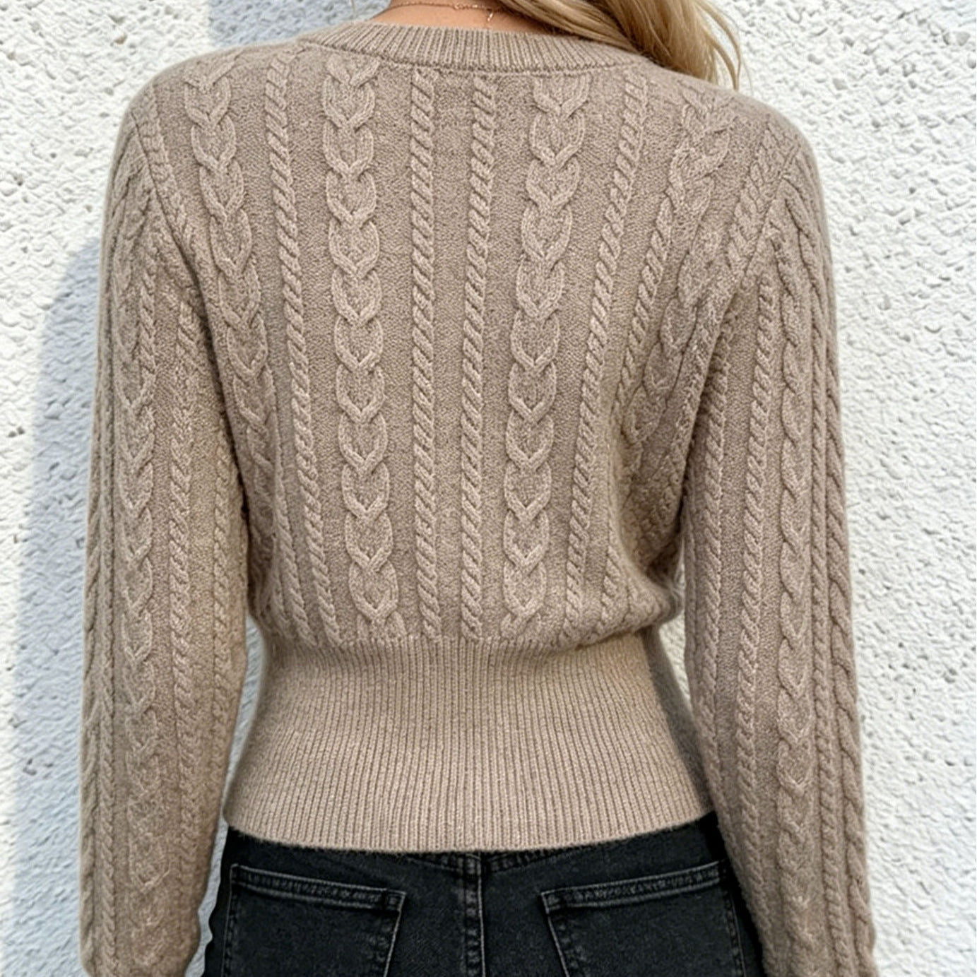 Cable Knit Cardigan for Women, Short Length, Round Neck, Loose Fit, Solid Color Casual Sweater Coat