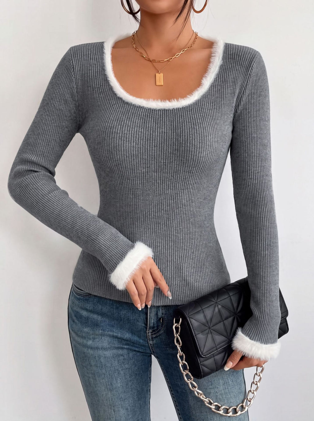 Fall and Winter New Gray Ribbed Knit Sweater for Women, Long Sleeve, Slim Fit, Slimming Knit Top, White Frayed Edge Round Neck Basic Shirt