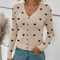 V-neck Heart Knit Cardigan for Women, Slim Fit Long Sleeve Sweater Coat, Solid Color Versatile Top