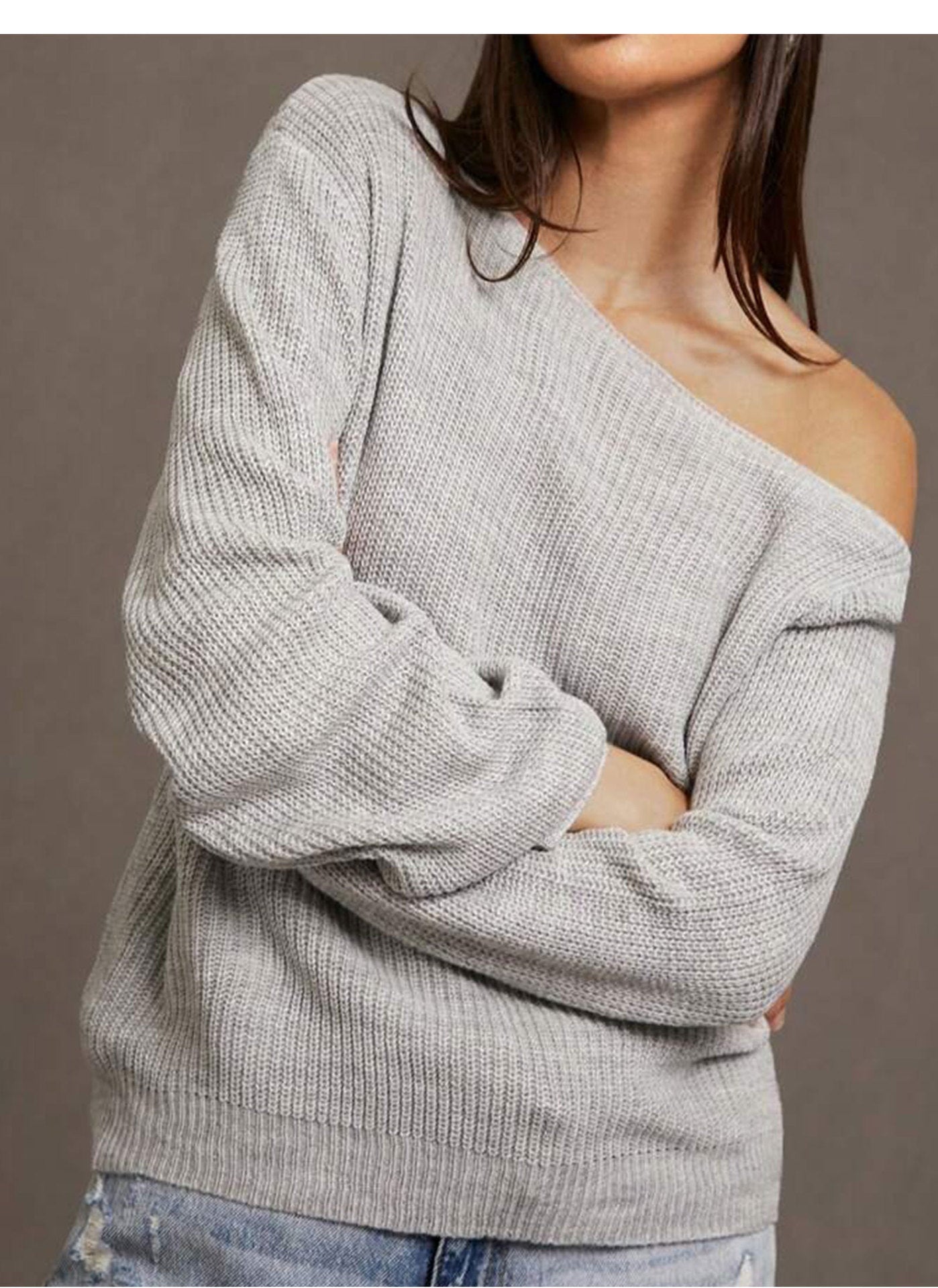 Off-shoulder Knit Sweater for Women, Autumn/Winter New Loose Solid Color Long Sleeve Pullover Slim Fit Top