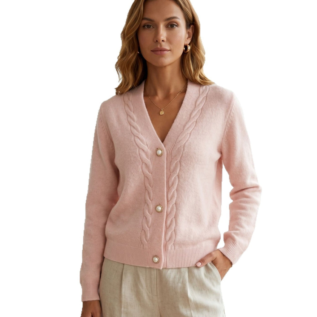 V-neck Knit Cardigan Women Autumn Winter New Pink Cable Knit Sweater Coat Loose Lazy Style Long Sleeve Top