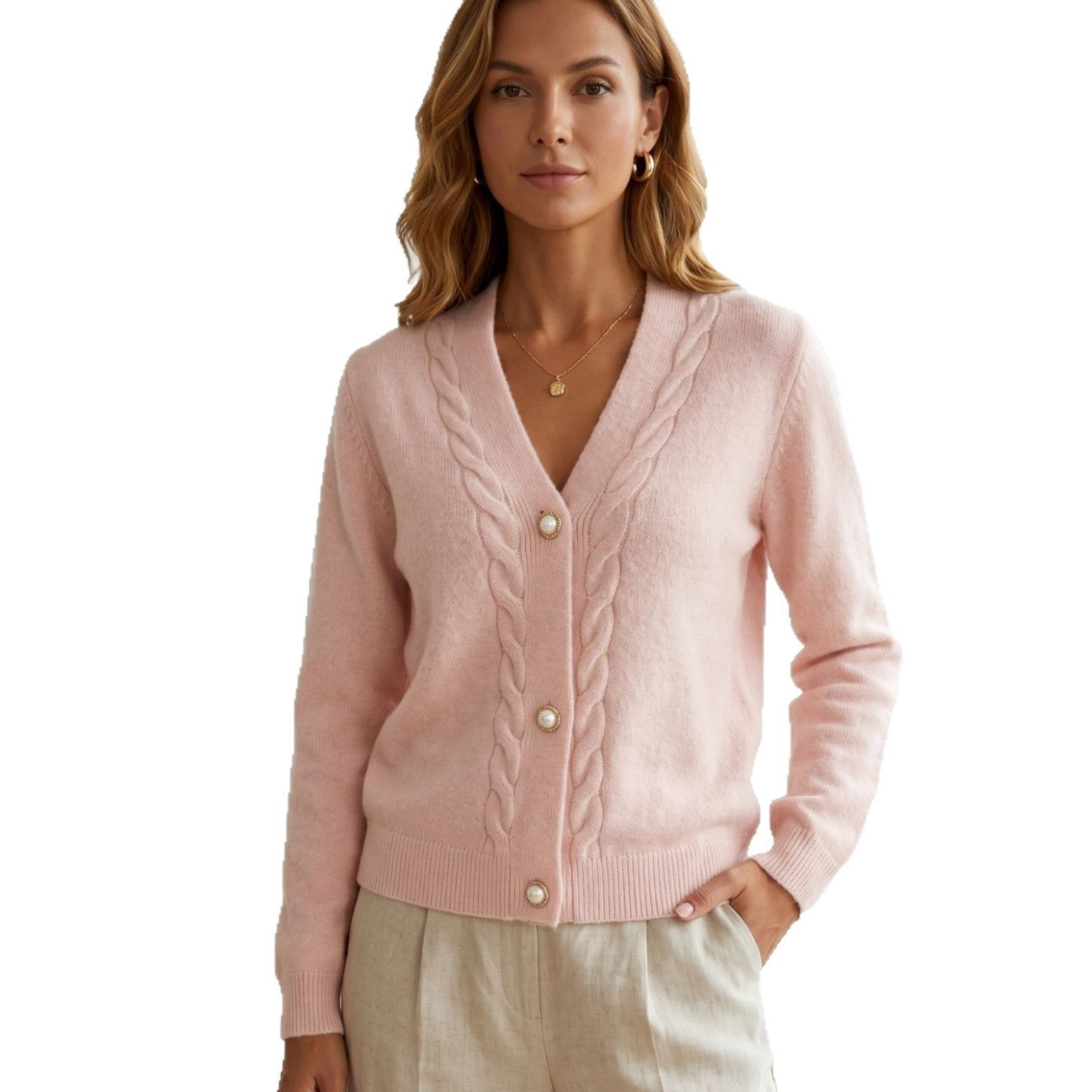V-neck Knit Cardigan Women Autumn Winter New Pink Cable Knit Sweater Coat Loose Lazy Style Long Sleeve Top