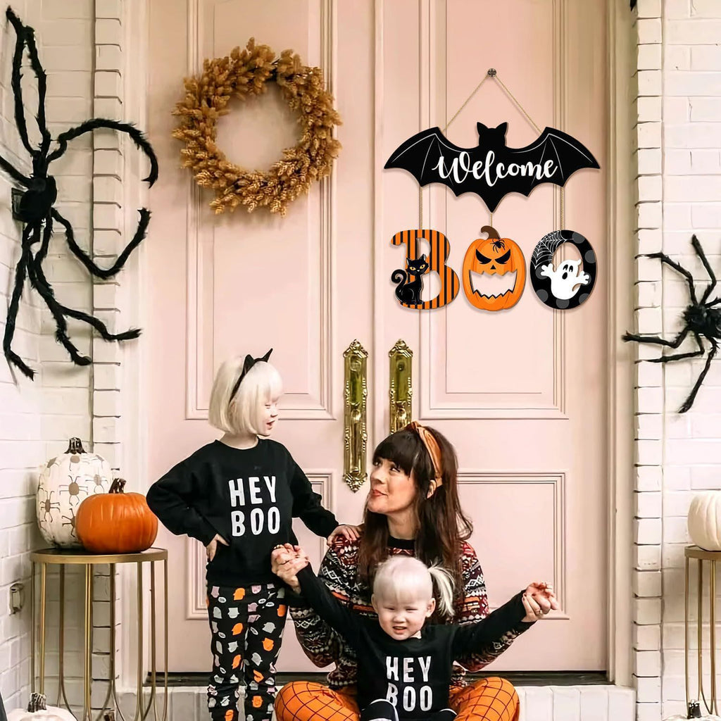 Wooden Halloween BOO Door Sign Decoration Ghost Bat Welcome Wooden Ghost Door Plaque
