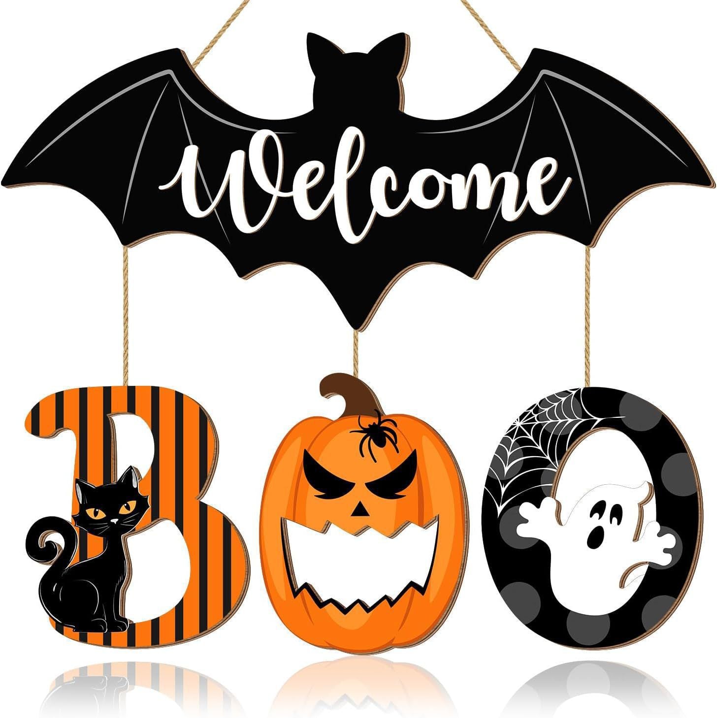 Wooden Halloween BOO Door Sign Decoration Ghost Bat Welcome Wooden Ghost Door Plaque