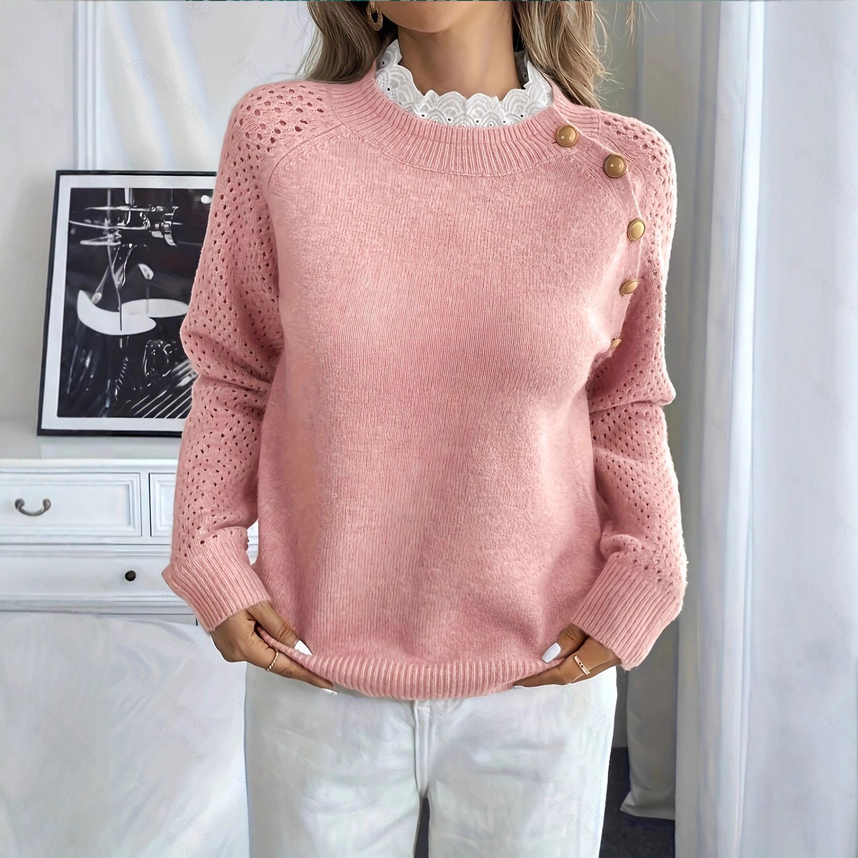 Fashionable Lace Patchwork Collar Design Round Neck Loose Casual Women's Knit Sweater