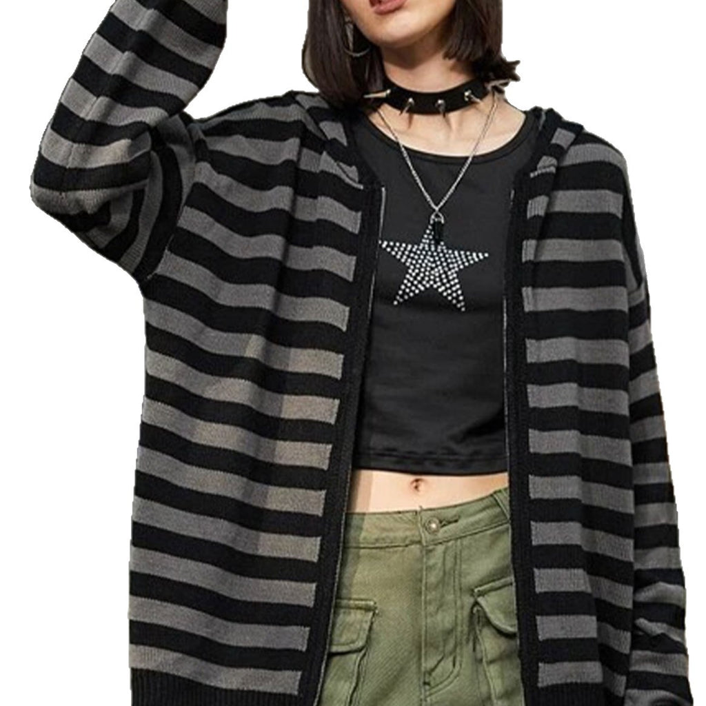Striped Hooded Knit Cardigan for Women, Autumn/Winter, Loose Casual Zip-Up Sweater Jacket, Lazy Style Top