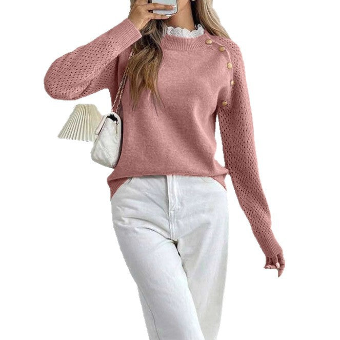 Fashionable Lace Patchwork Collar Design Round Neck Loose Casual Women's Knit Sweater