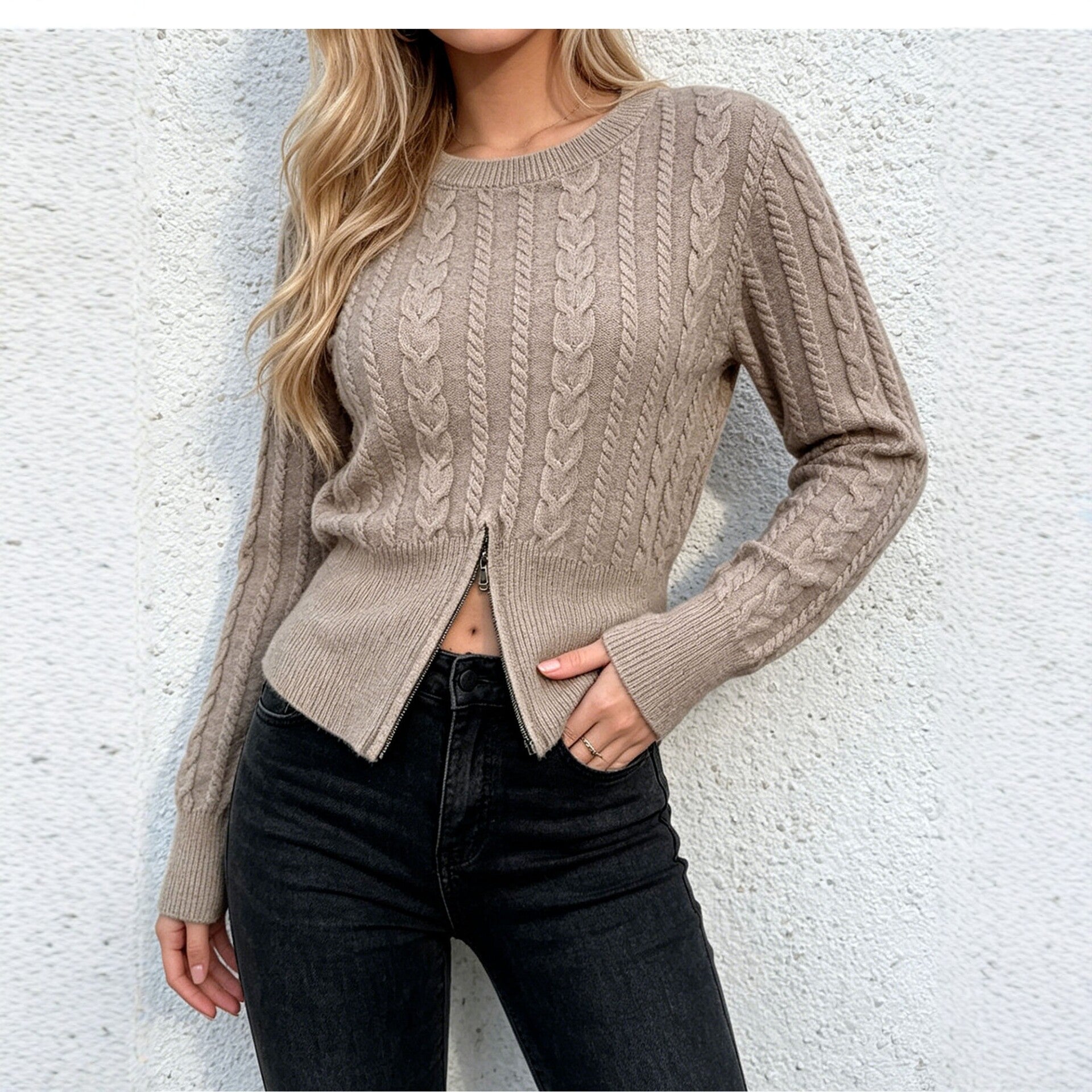 Cable Knit Cardigan for Women, Short Length, Round Neck, Loose Fit, Solid Color Casual Sweater Coat