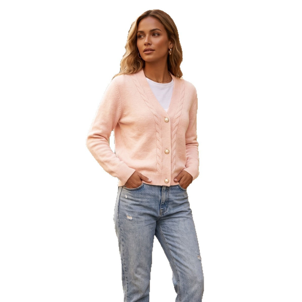 V-neck Knit Cardigan Women Autumn Winter New Pink Cable Knit Sweater Coat Loose Lazy Style Long Sleeve Top