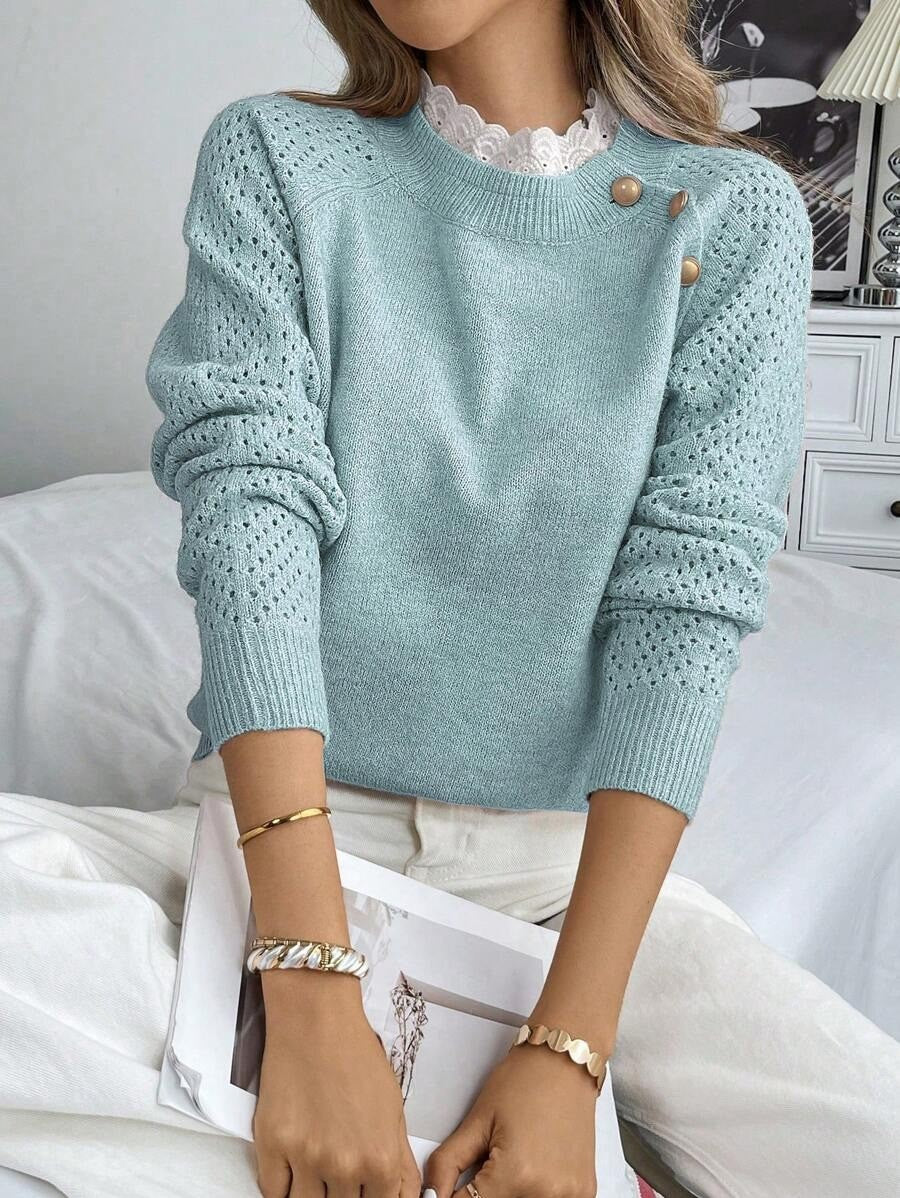 Fashionable Lace Patchwork Collar Design Round Neck Loose Casual Women's Knit Sweater