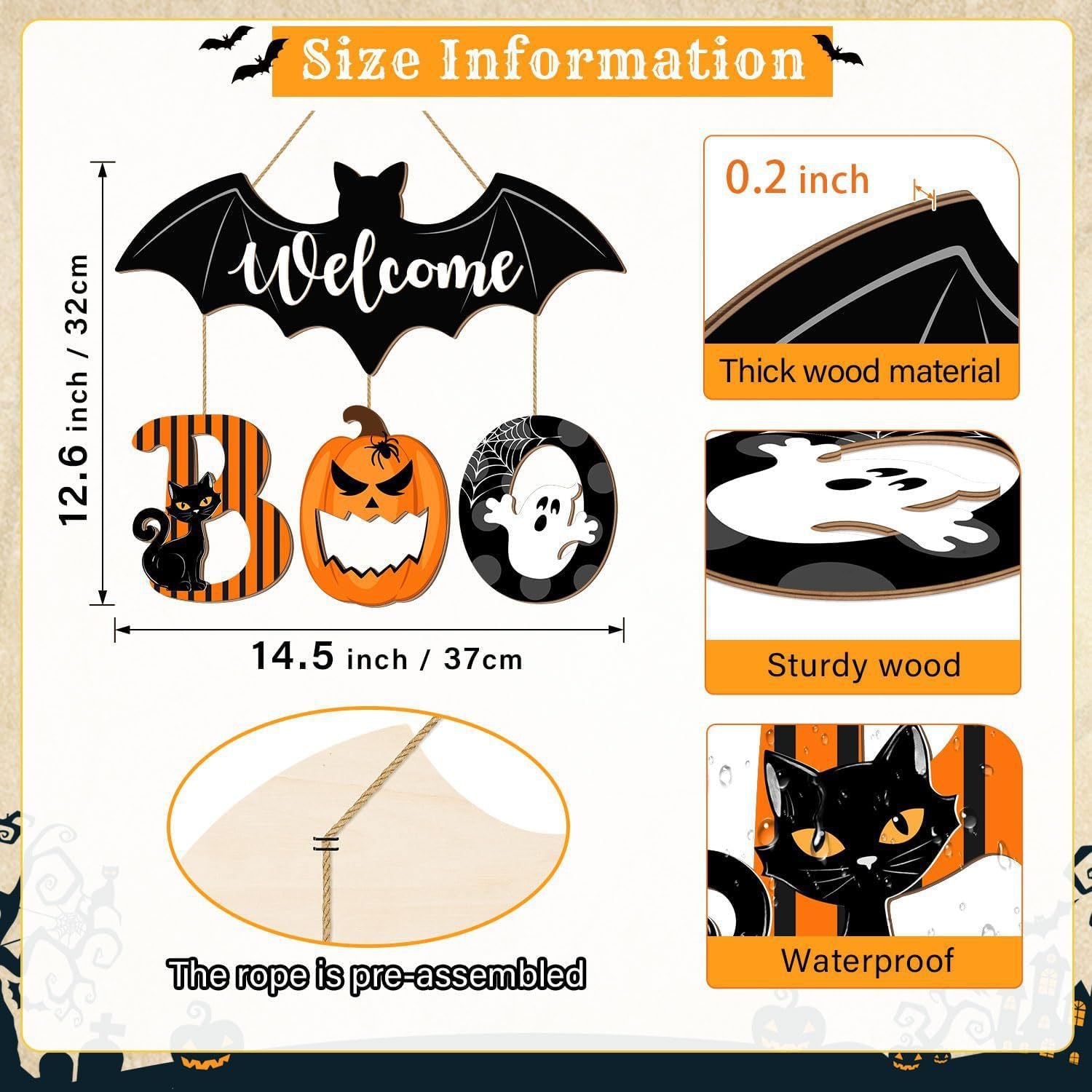 Wooden Halloween BOO Door Sign Decoration Ghost Bat Welcome Wooden Ghost Door Plaque