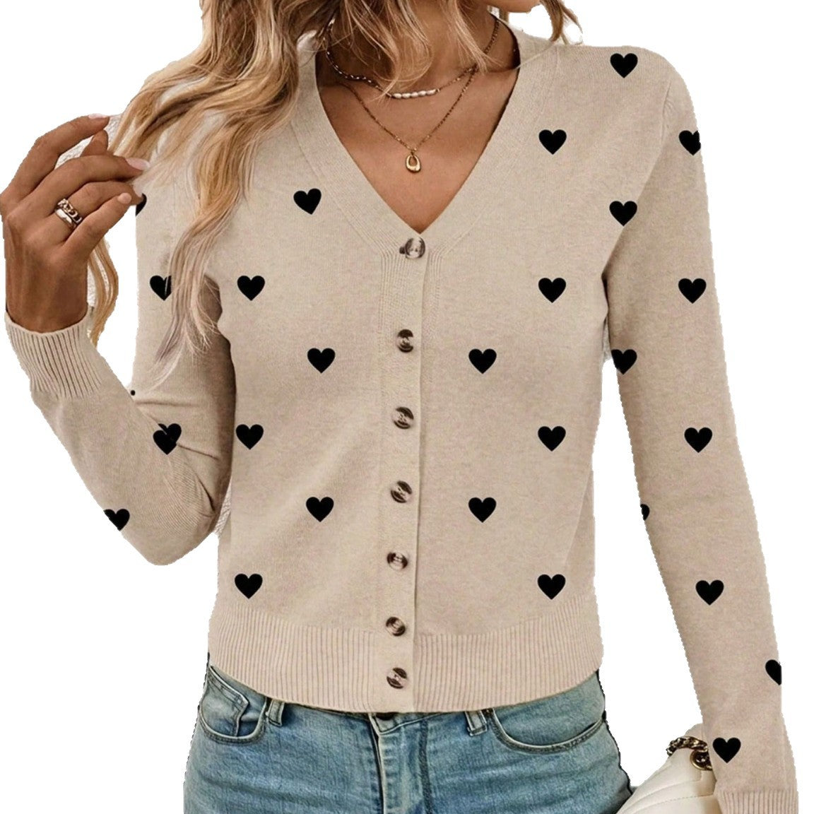 V-neck Heart Knit Cardigan for Women, Slim Fit Long Sleeve Sweater Coat, Solid Color Versatile Top