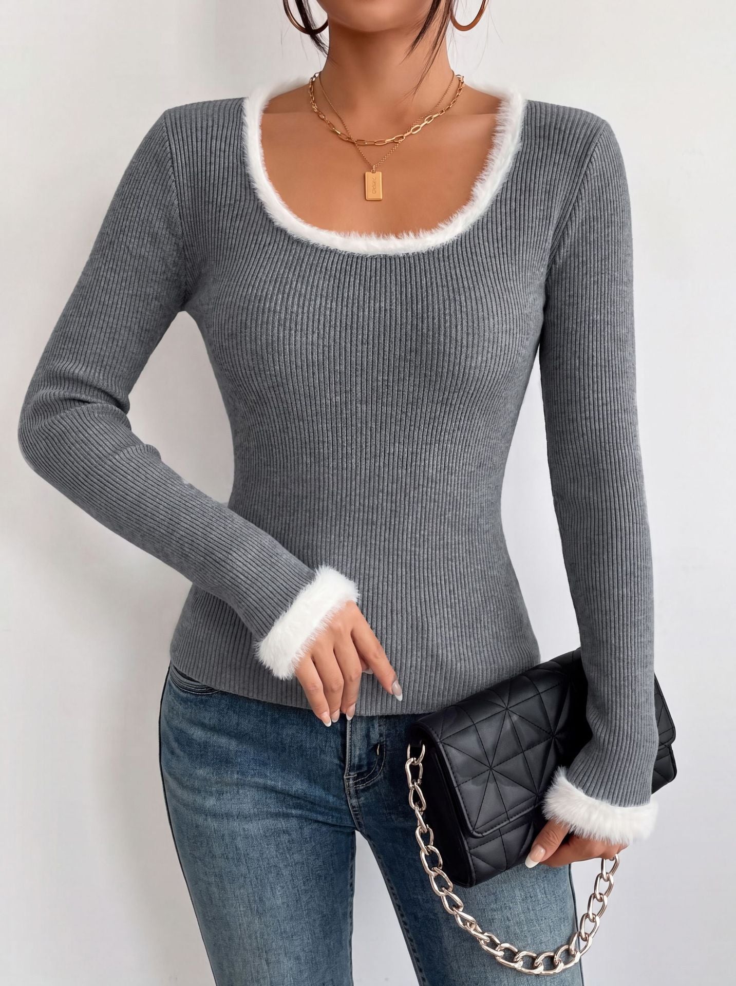 Fall and Winter New Gray Ribbed Knit Sweater for Women, Long Sleeve, Slim Fit, Slimming Knit Top, White Frayed Edge Round Neck Basic Shirt