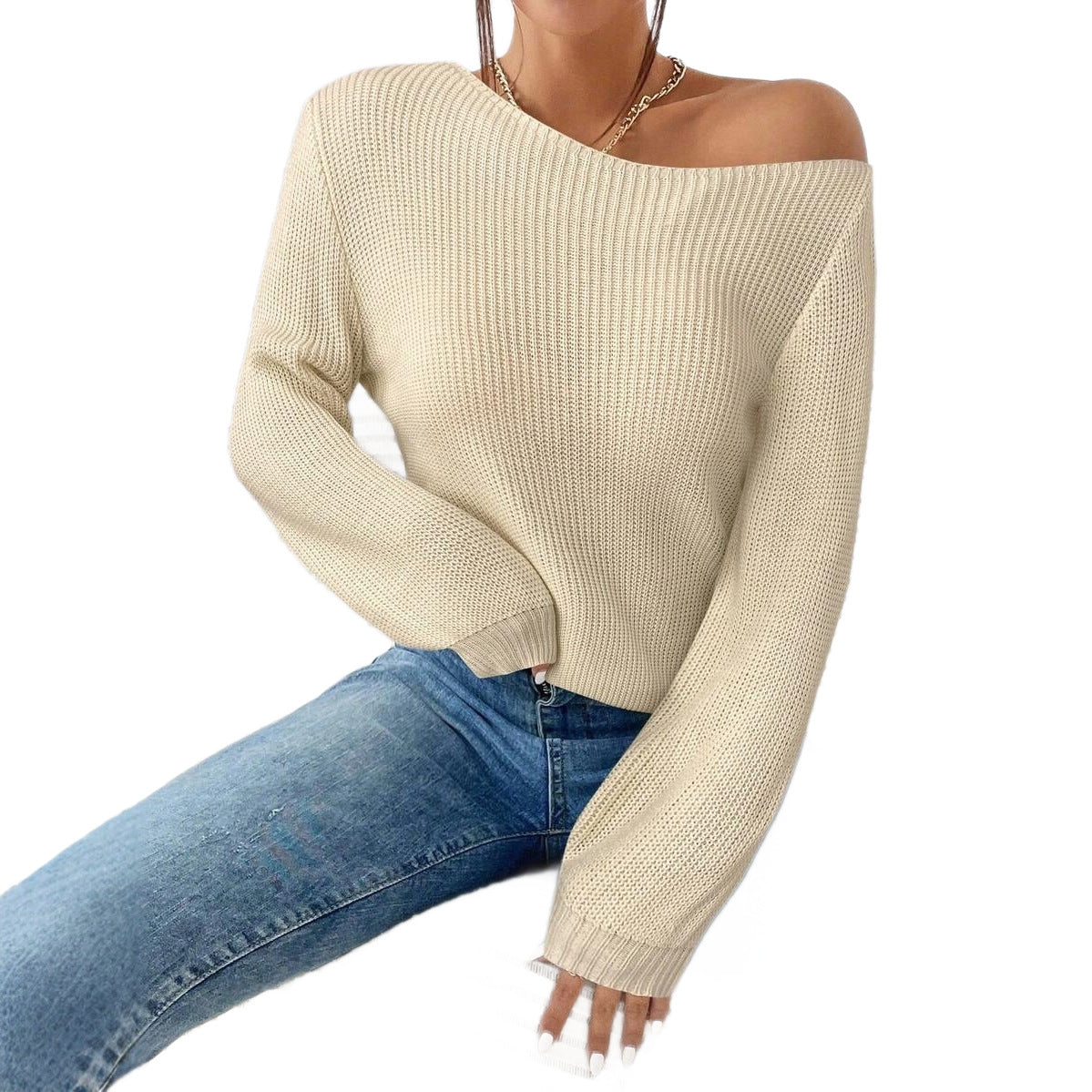 Off-shoulder Knit Sweater for Women, Autumn/Winter New Loose Solid Color Long Sleeve Pullover Slim Fit Top