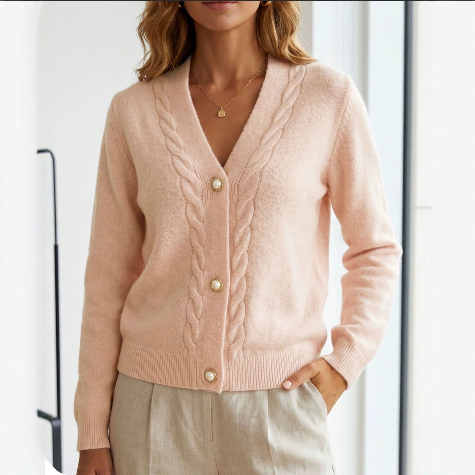 V-neck Knit Cardigan Women Autumn Winter New Pink Cable Knit Sweater Coat Loose Lazy Style Long Sleeve Top