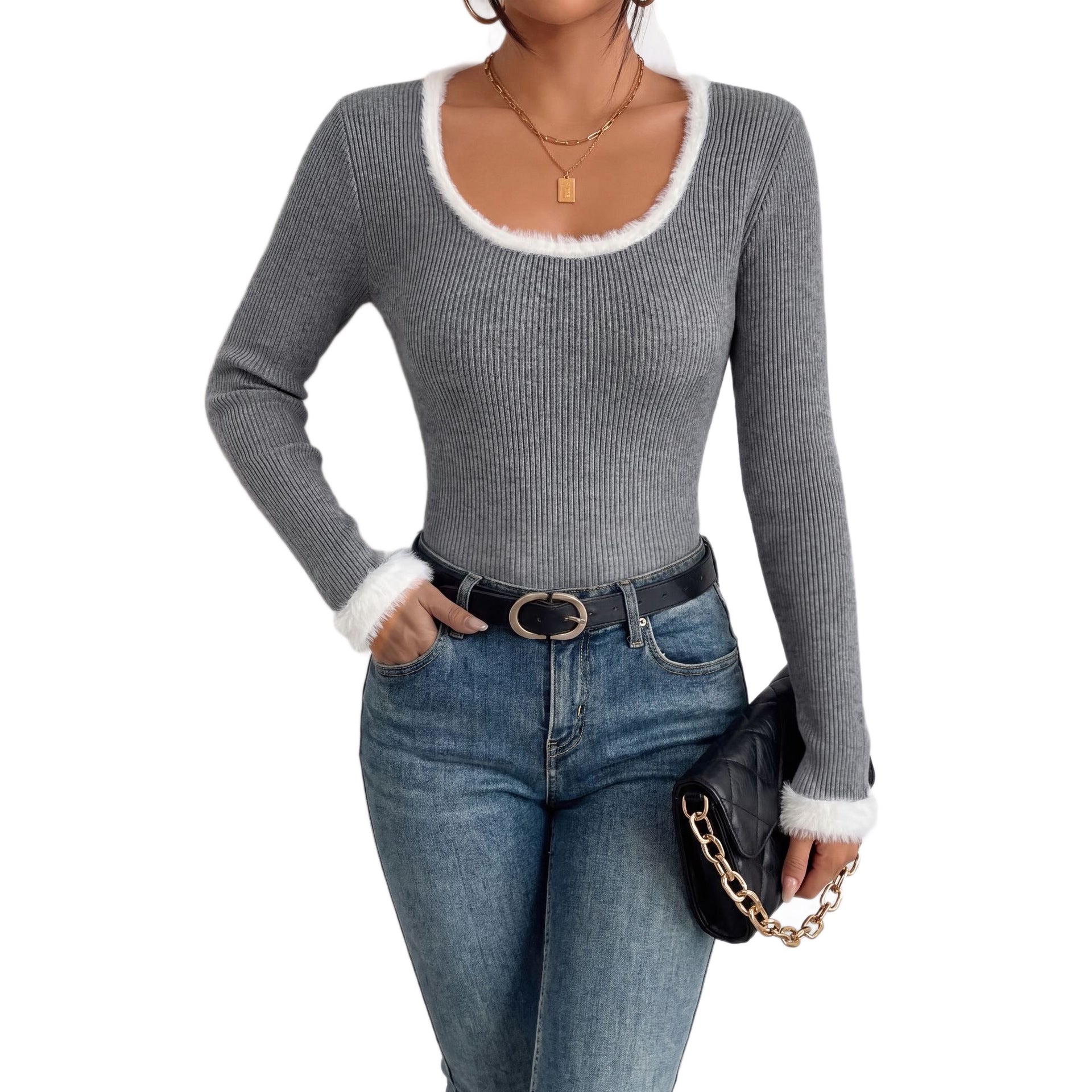 Fall and Winter New Gray Ribbed Knit Sweater for Women, Long Sleeve, Slim Fit, Slimming Knit Top, White Frayed Edge Round Neck Basic Shirt