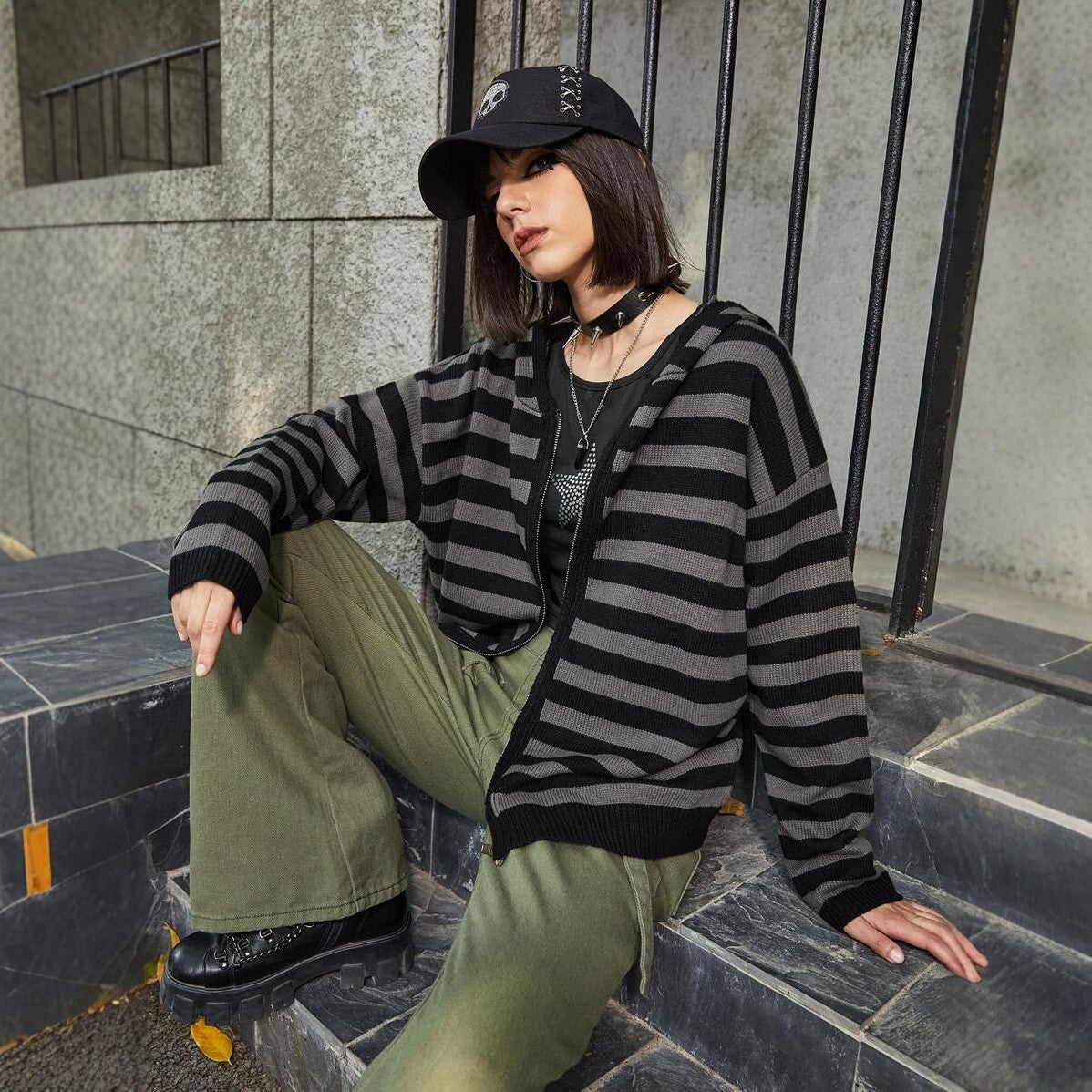Striped Hooded Knit Cardigan for Women, Autumn/Winter, Loose Casual Zip-Up Sweater Jacket, Lazy Style Top