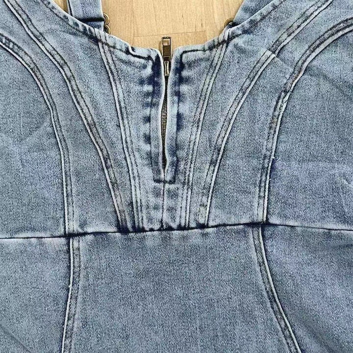 Women's Distressed Denim Suspender Dress – Casual U-Neck Style