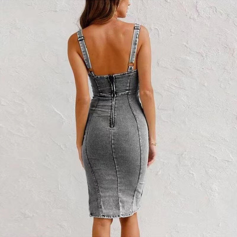 Women's Distressed Denim Suspender Dress – Casual U-Neck Style