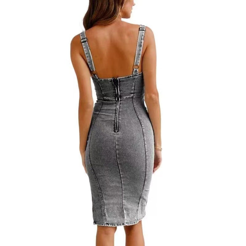 Women's Distressed Denim Suspender Dress – Casual U-Neck Style